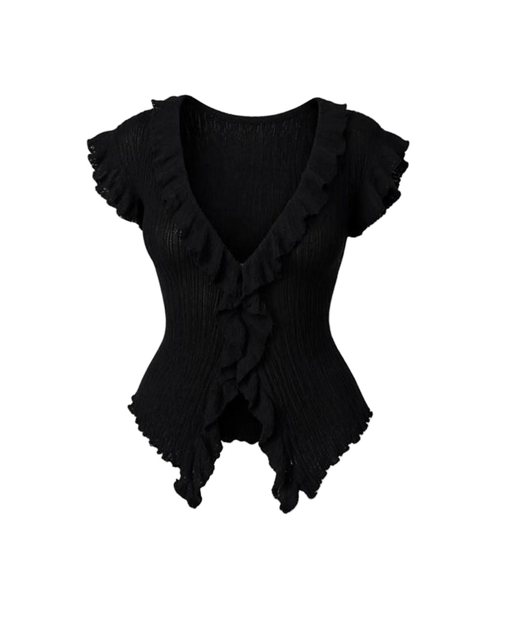 Nocturne Black Ruffled V-Neck Sheer Blouse