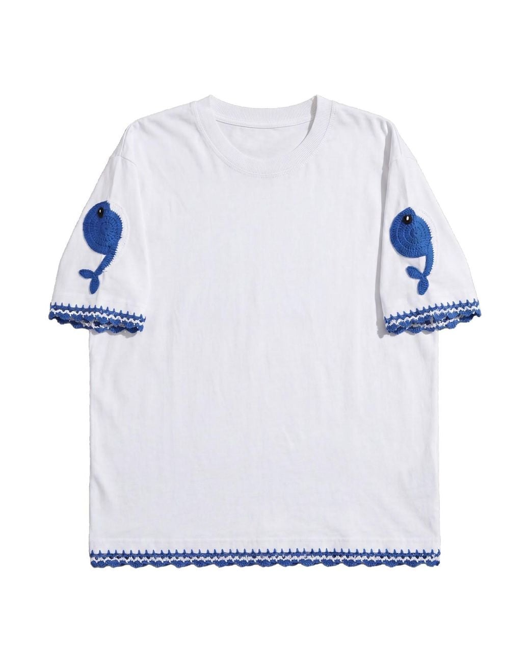 Ana Chic Blue Fish Handmade Crochet Applique Cotton Tee
