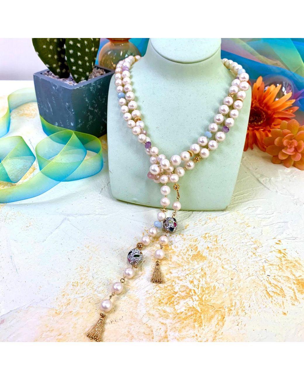 Farra Multicolor Freshwater Pearls With Rhinestones Bordered Tourmaline Multi-way Open Ended Necklace