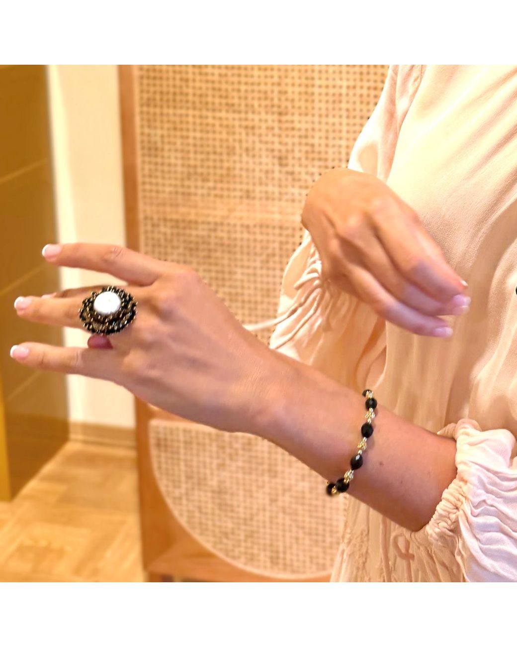 Farra Black Romantic Style Oval Obsidian Adjustable Bracelet