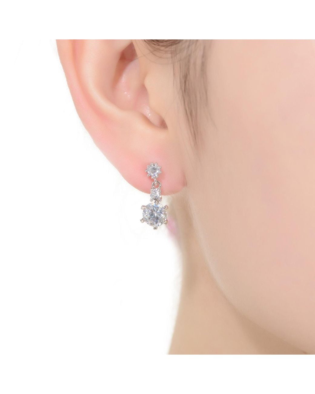 Genevive Jewelry White Sterling Plated With Clear Round Cubic Zirconia Three-Stone Drop Earrings