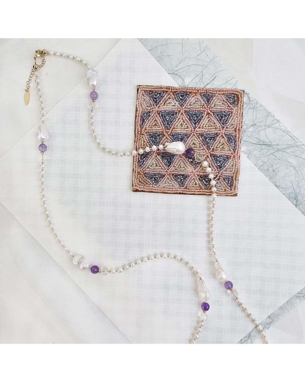 Farra White Baroque Pearls With Amethyst Long Necklace