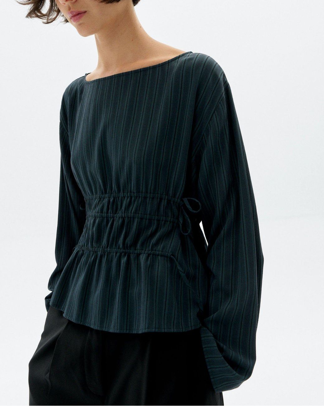 Thinking Mu Blue Striped Ruffled Ecovero Devin Blouse