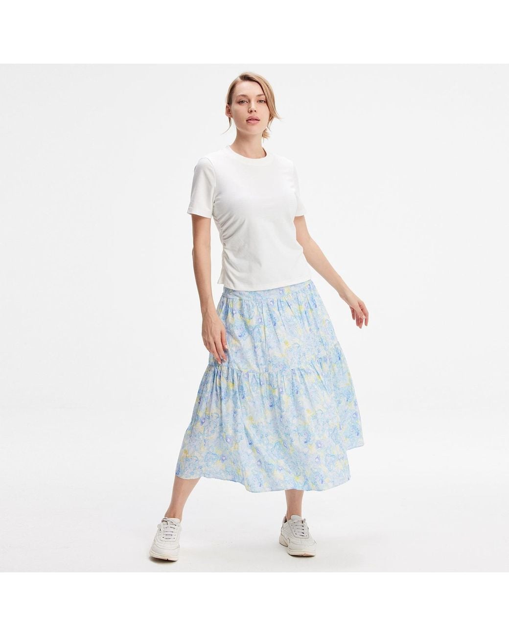 Smart and Joy Blue Flower Print Tiered Panel Midi Skirt