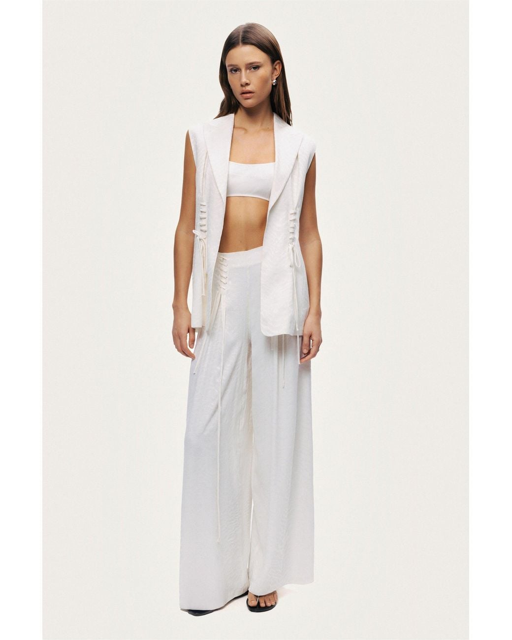 Nocturne White Lace-Up Wide-Leg Pants