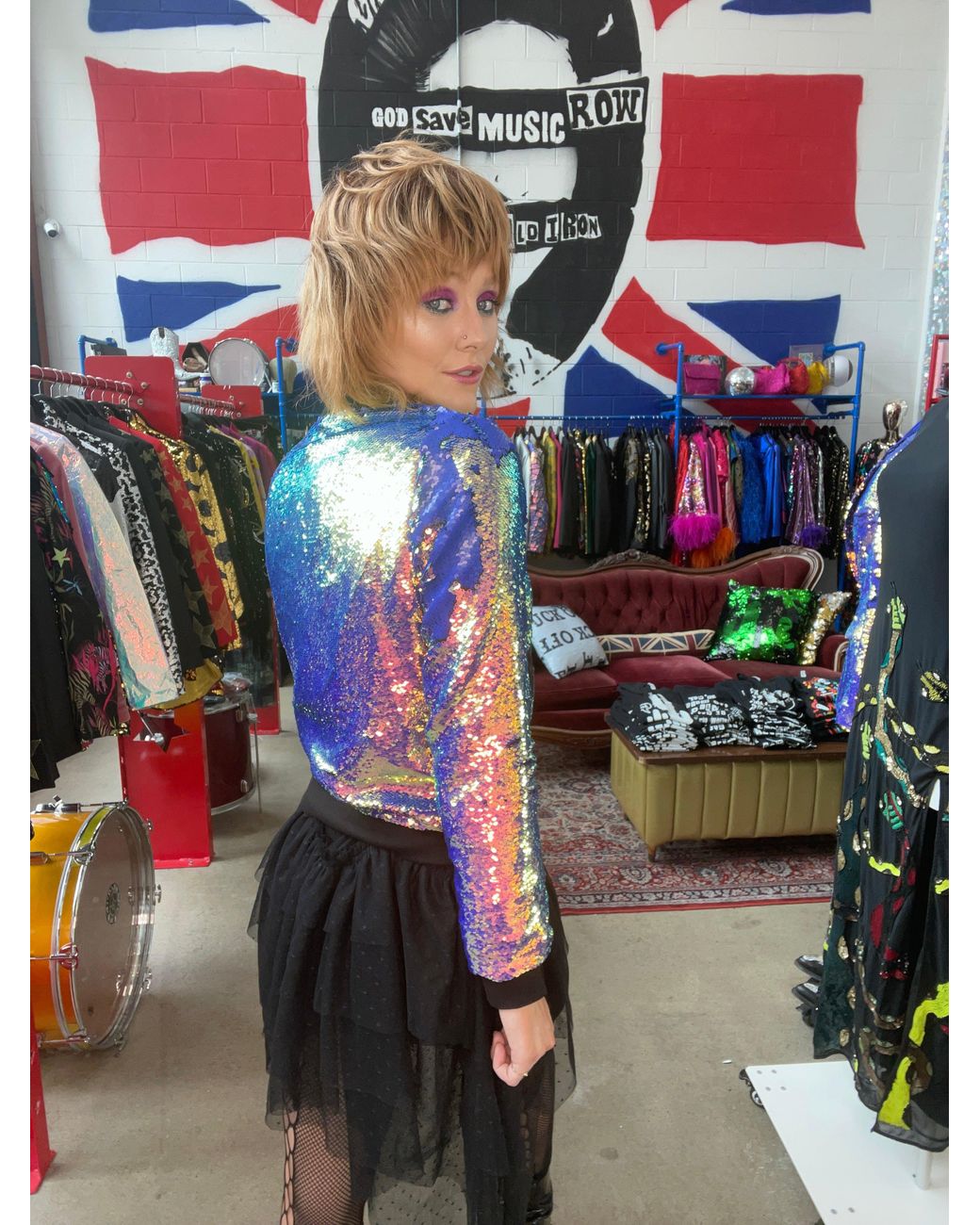 Any Old Iron Blue Oil Slick Sequin Bomber Jacket