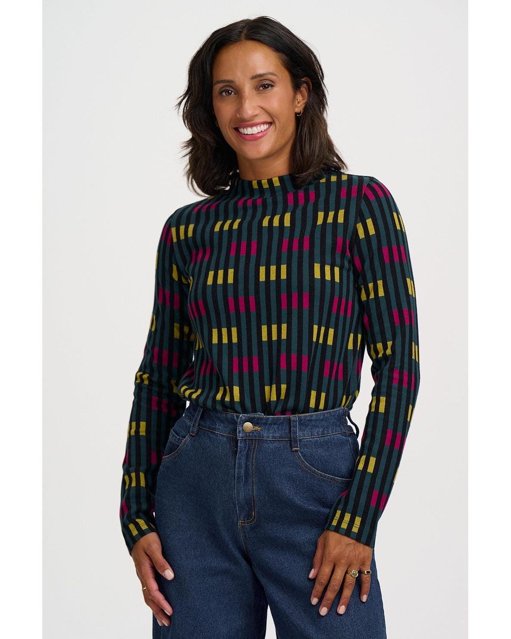 Sugarhill Black Isabel Jersey Jacquard Top Petrol Lights