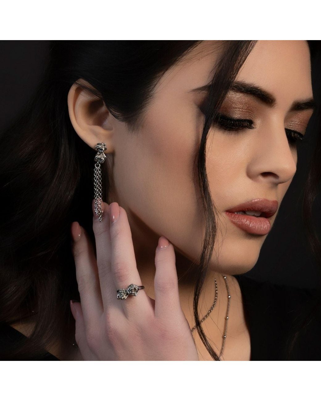 Unaloe Metallic Purelei Sterling Drop Earrings – Double Rose & Chain – Handmade Italian Jewelry For