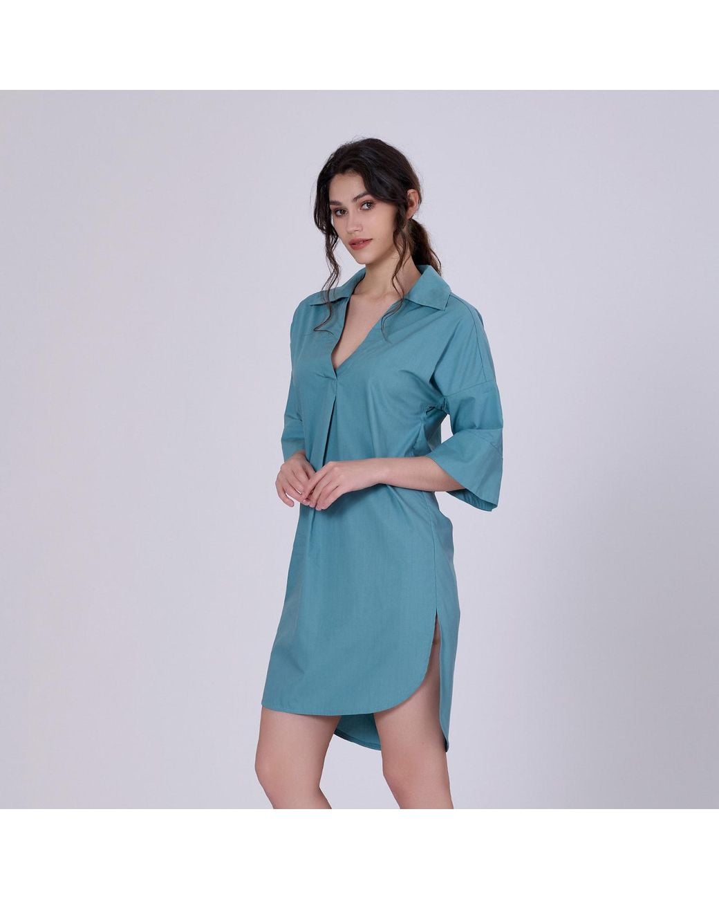 Smart and Joy Blue Cotton Minimalist Shirt Dress