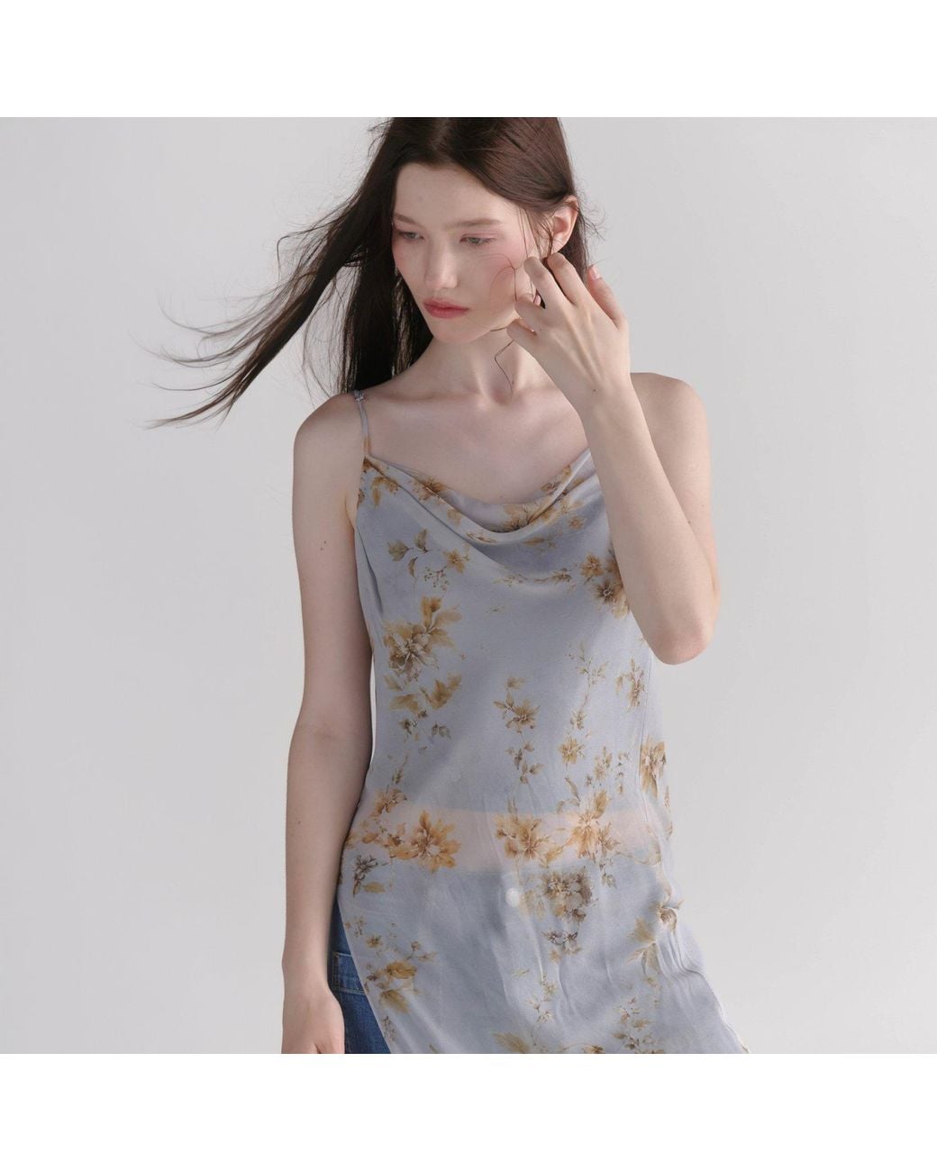 Belsize25 Gray Dahlia Series – Celeste Floral Mulberry Silk Asymmetric Cowl-Neck Long Camisole