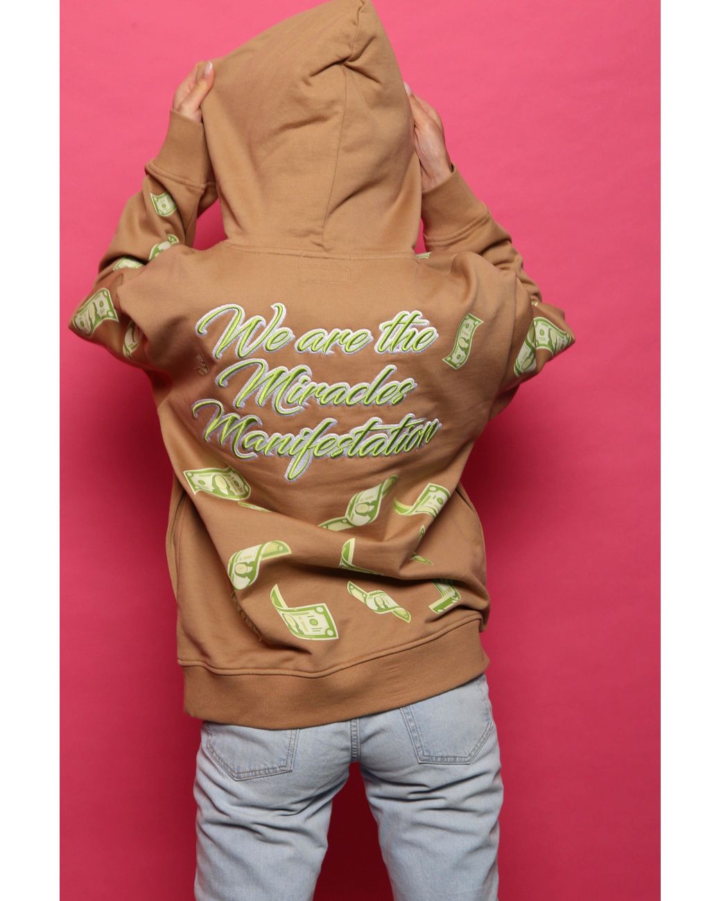 Miracles Manifester Gray Manifestation Embroidered Hoodie With Rhinestone Design