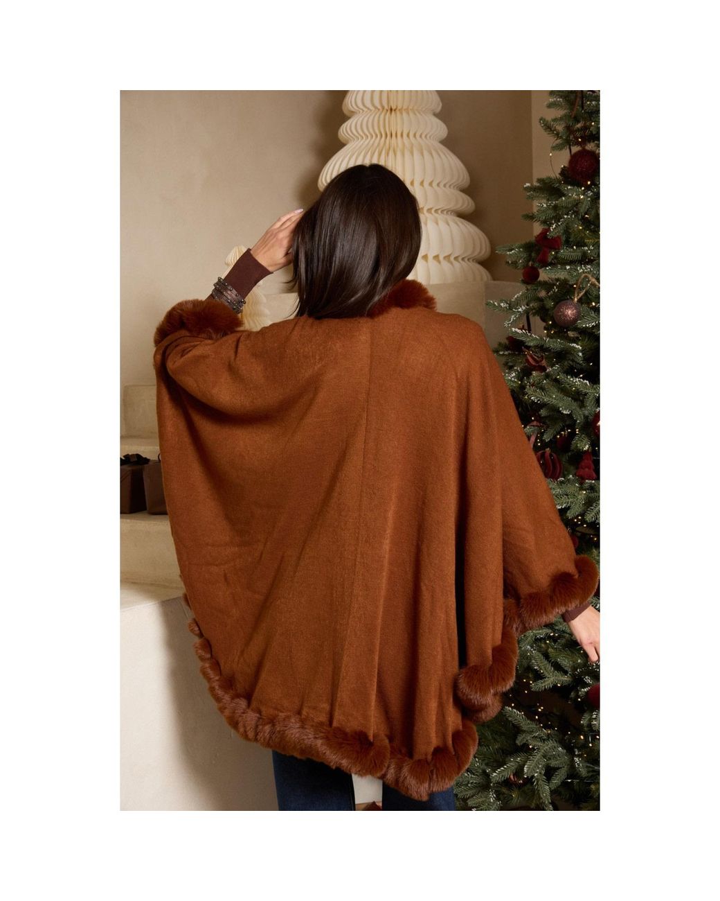 Saachi Brown Faux Fur Cape Rust Kimono