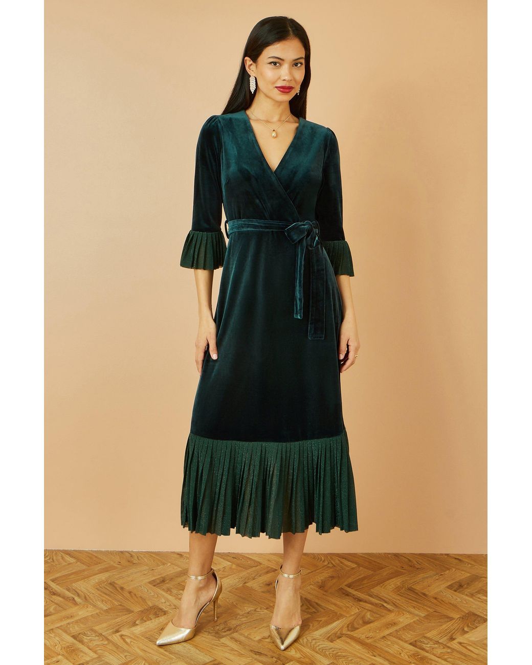 Yumi' Black Velvet Wrap Midi Dress With Contrast Hemline