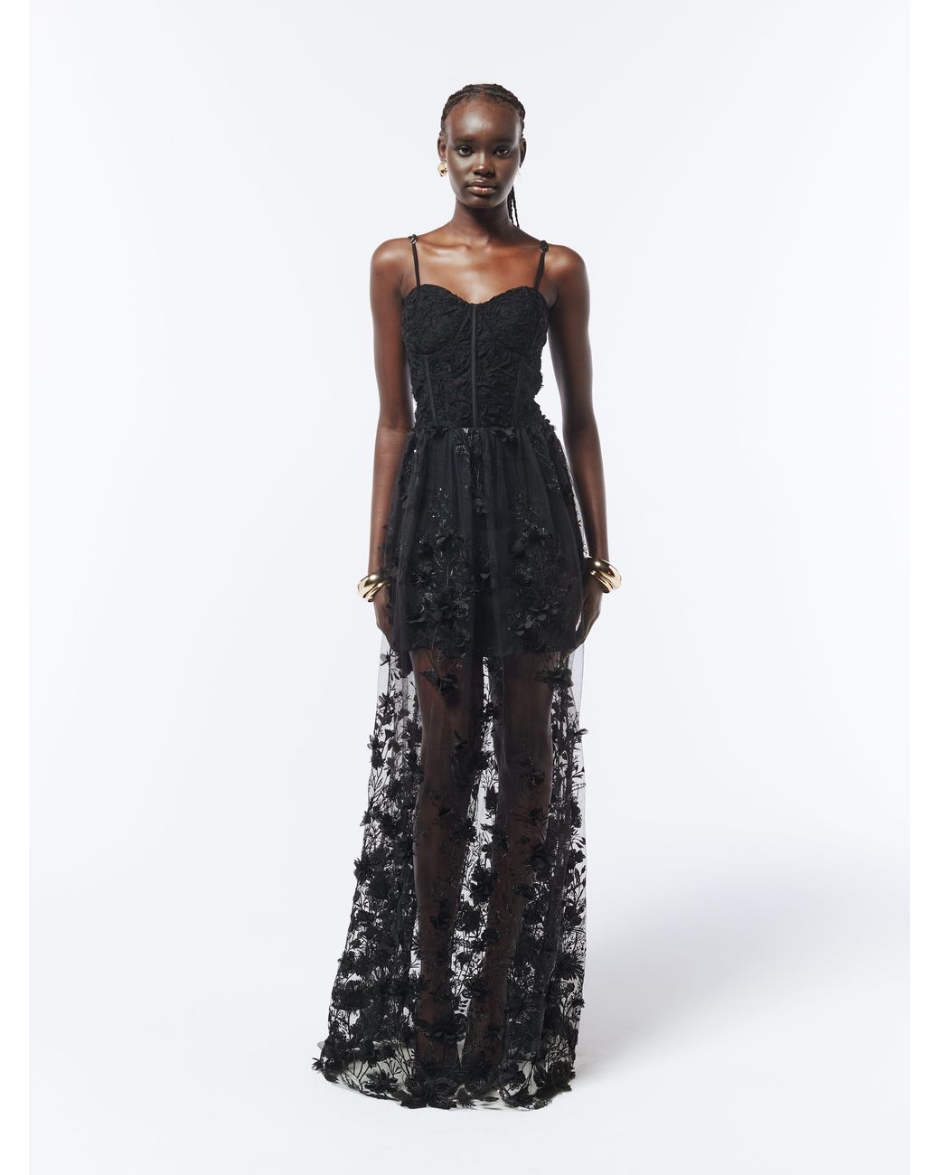 Sour Figs Black Floral Appliqué Embroidered Sequin Sheer Gown