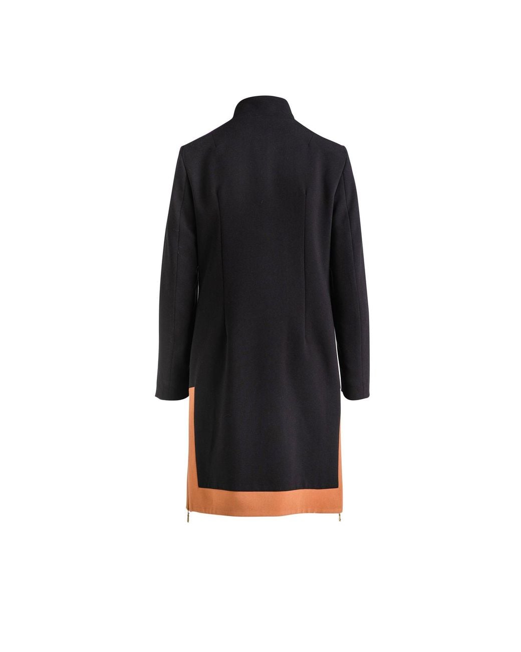 Conquista Black Coat With Camel Detail In Woven Crepe Fabric