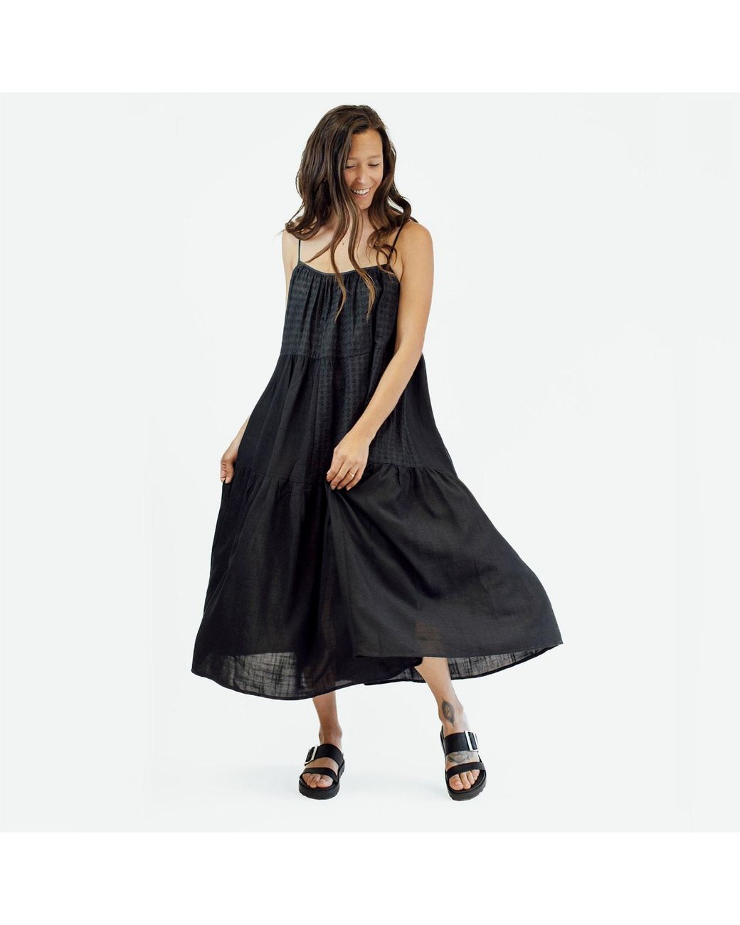 Zenzee Black Cotton Linen Tiered Patchwork Slip Dress