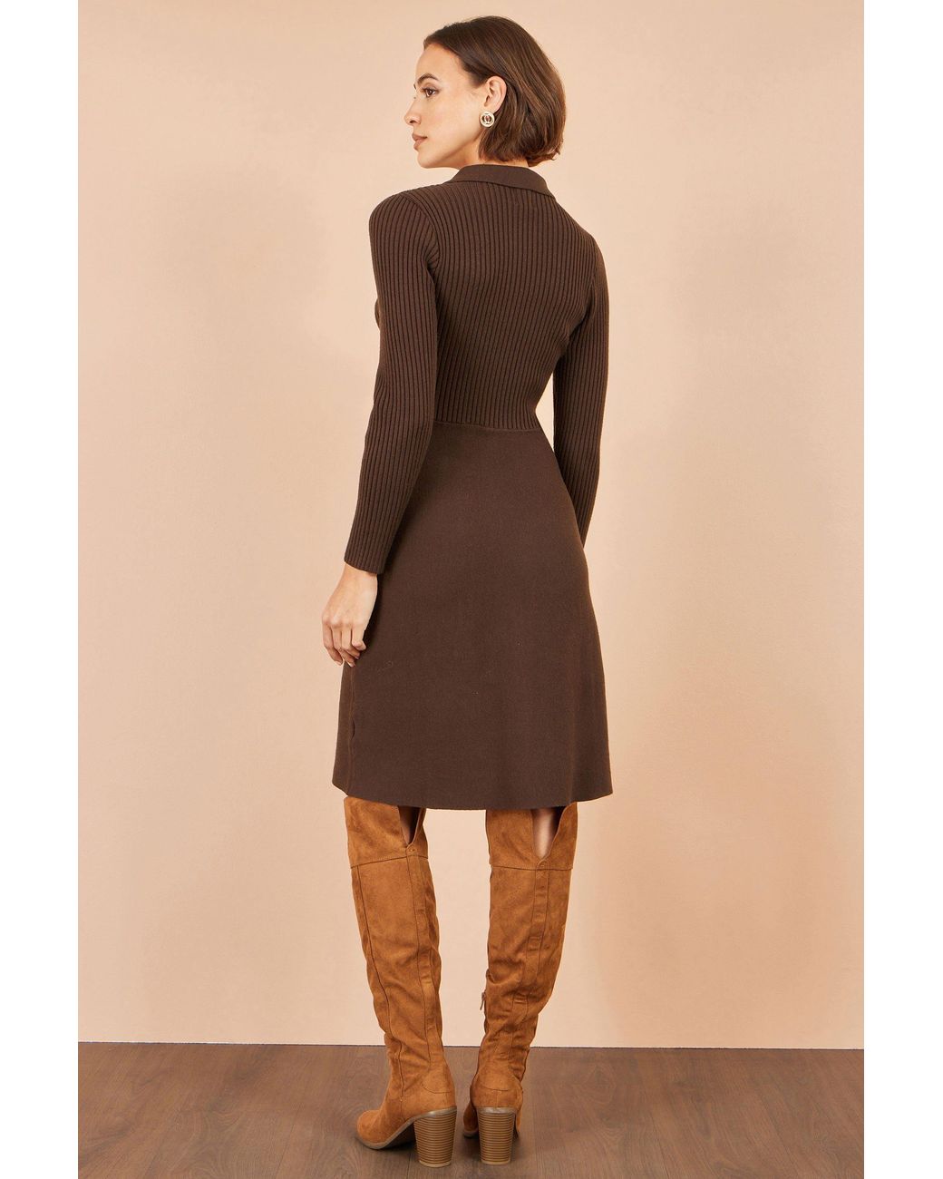 Yumi' Brown Rib Knit Midi Shirt Dress With Snaffle Belt