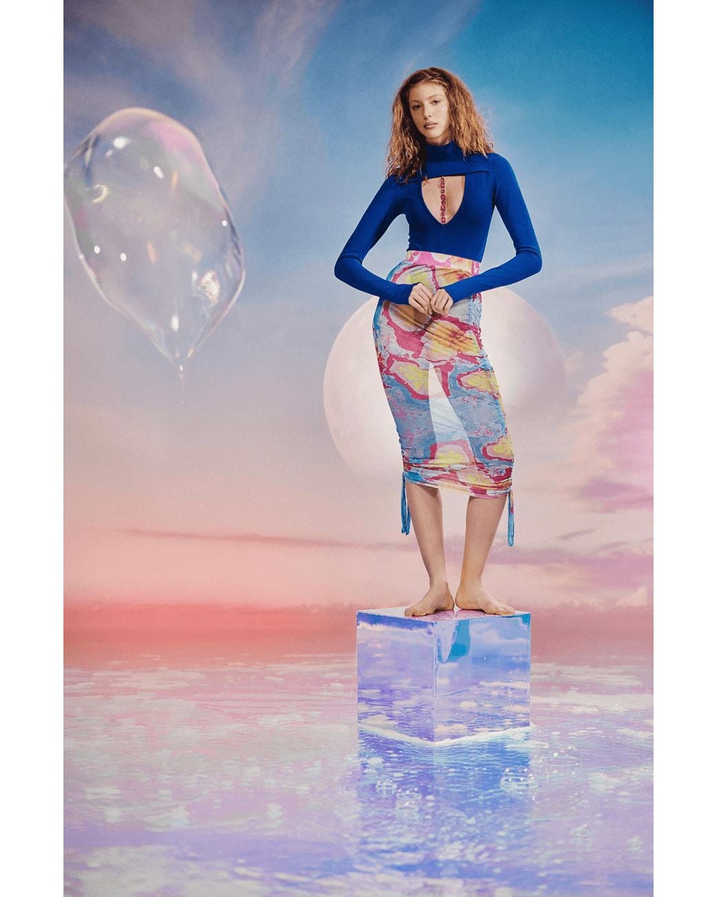 No'design Blue Turtleneck Bodysuit With Cleavage Detail