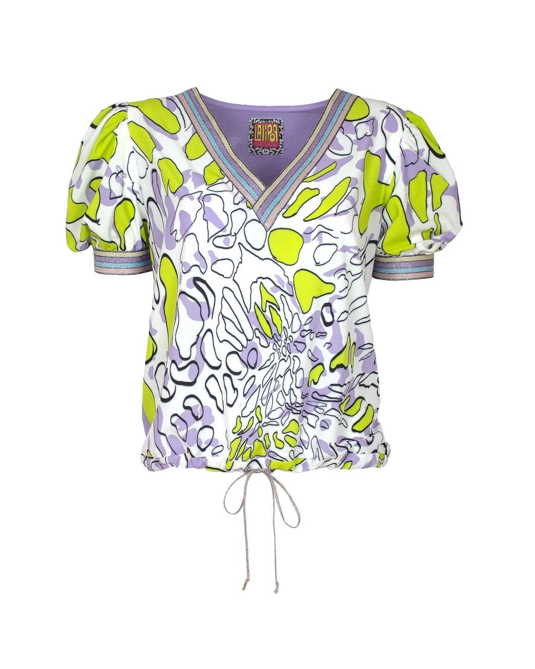 Lalipop Design Blue Puff Sleeves V-neck Blouse With Abstract Printed Front