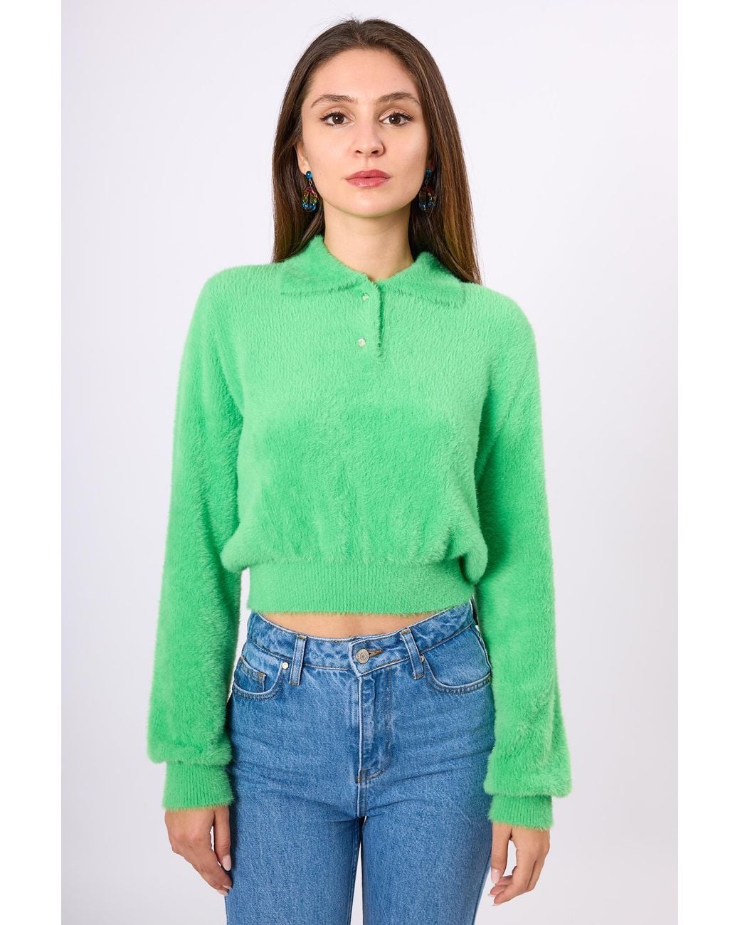 Peraluna Green Lucy Polo-Neck Crop Knit Blouse