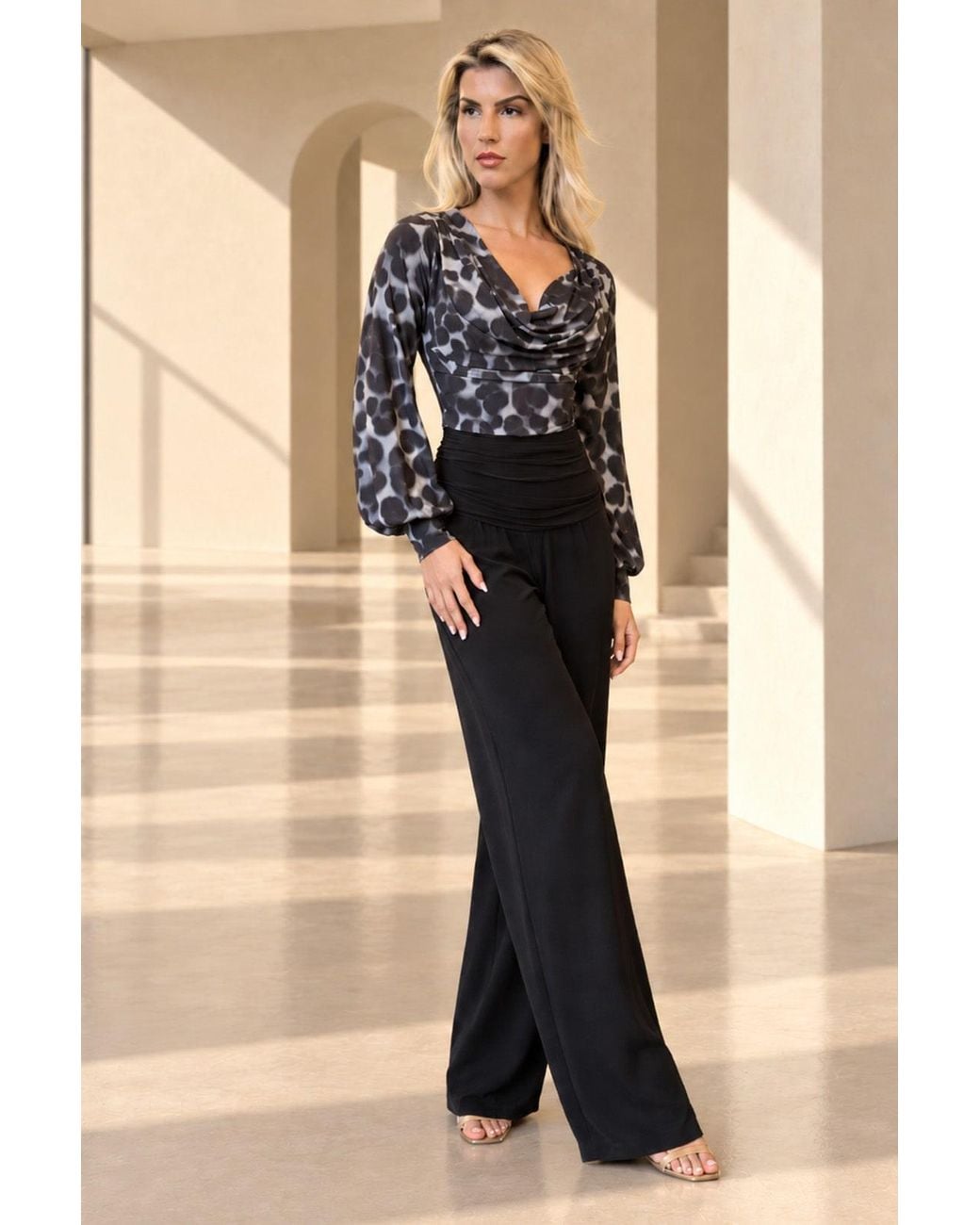 Atom Label Black Indium Cowl Neck Bell Sleeve Jumpsuit