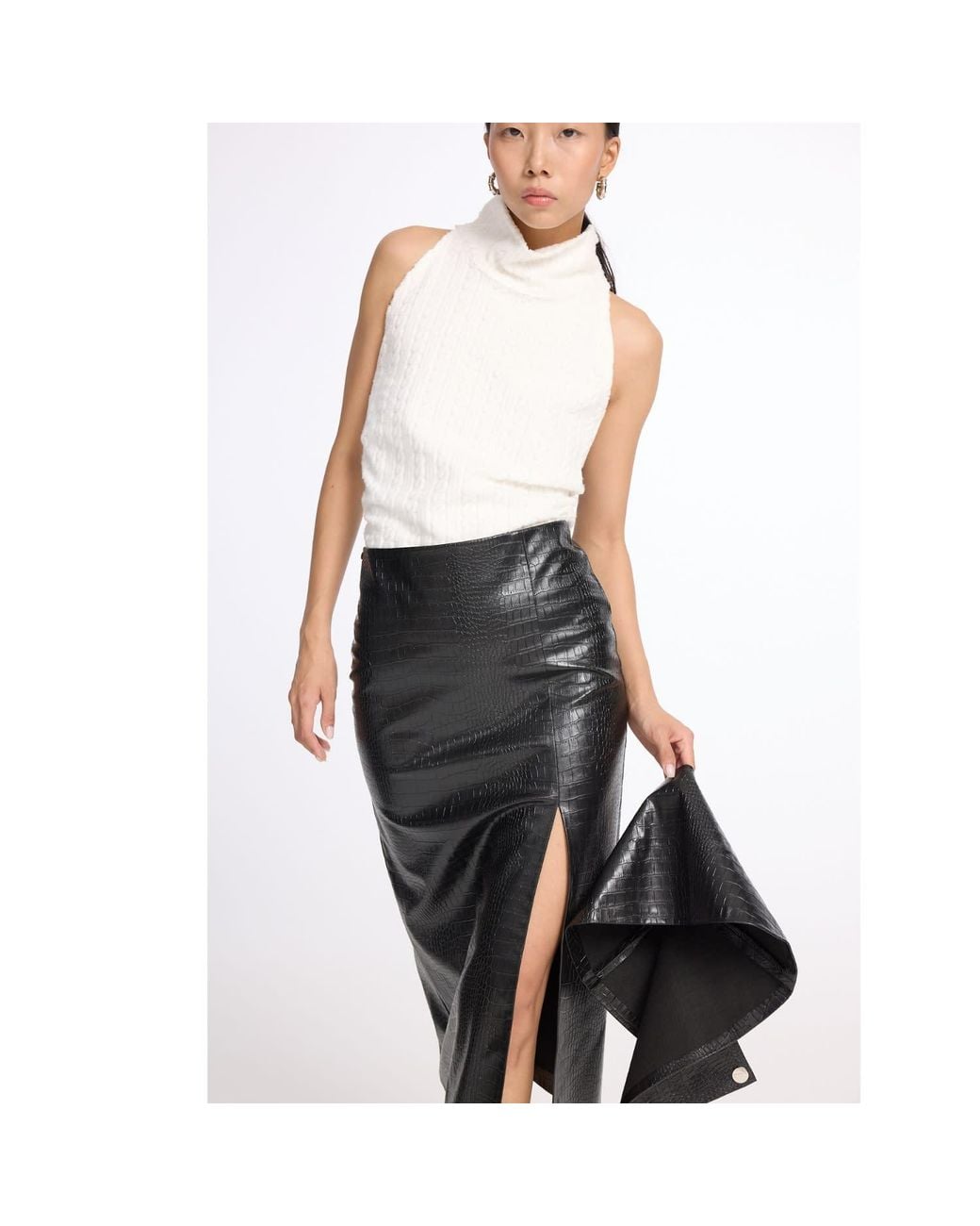 Mirimalist Black Croco Leather Midi Skirt