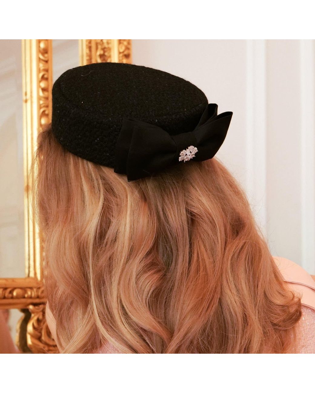 Santinni Black Amour Woollen Tweed Pillbox Hat With Silk Bow Rosa