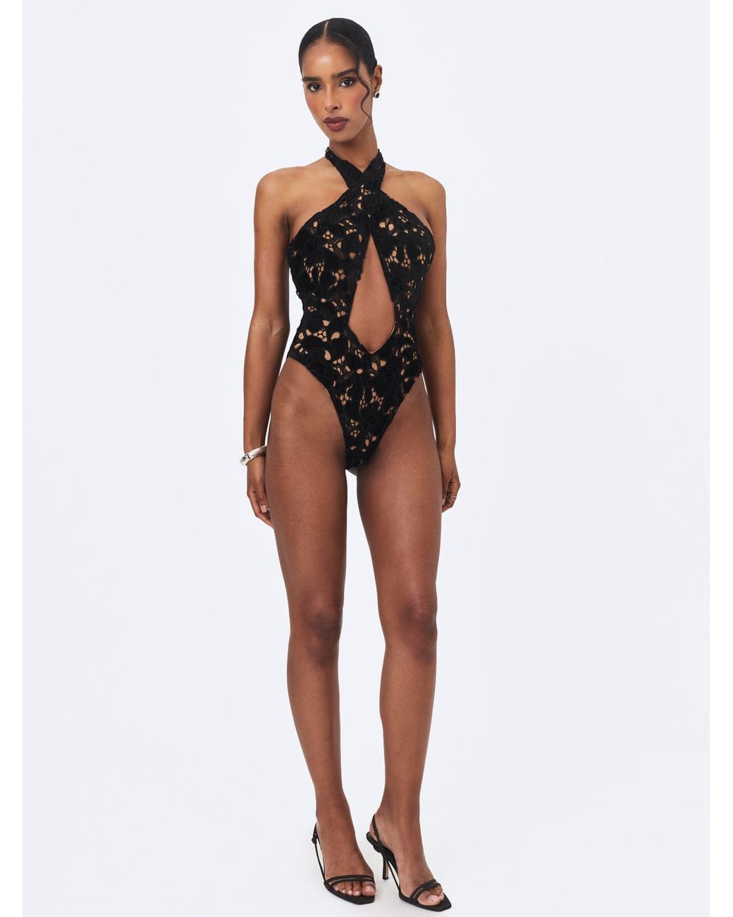 Miss Circle New York Black Breanna Velvet Lace Crossover Halter Swimsuit
