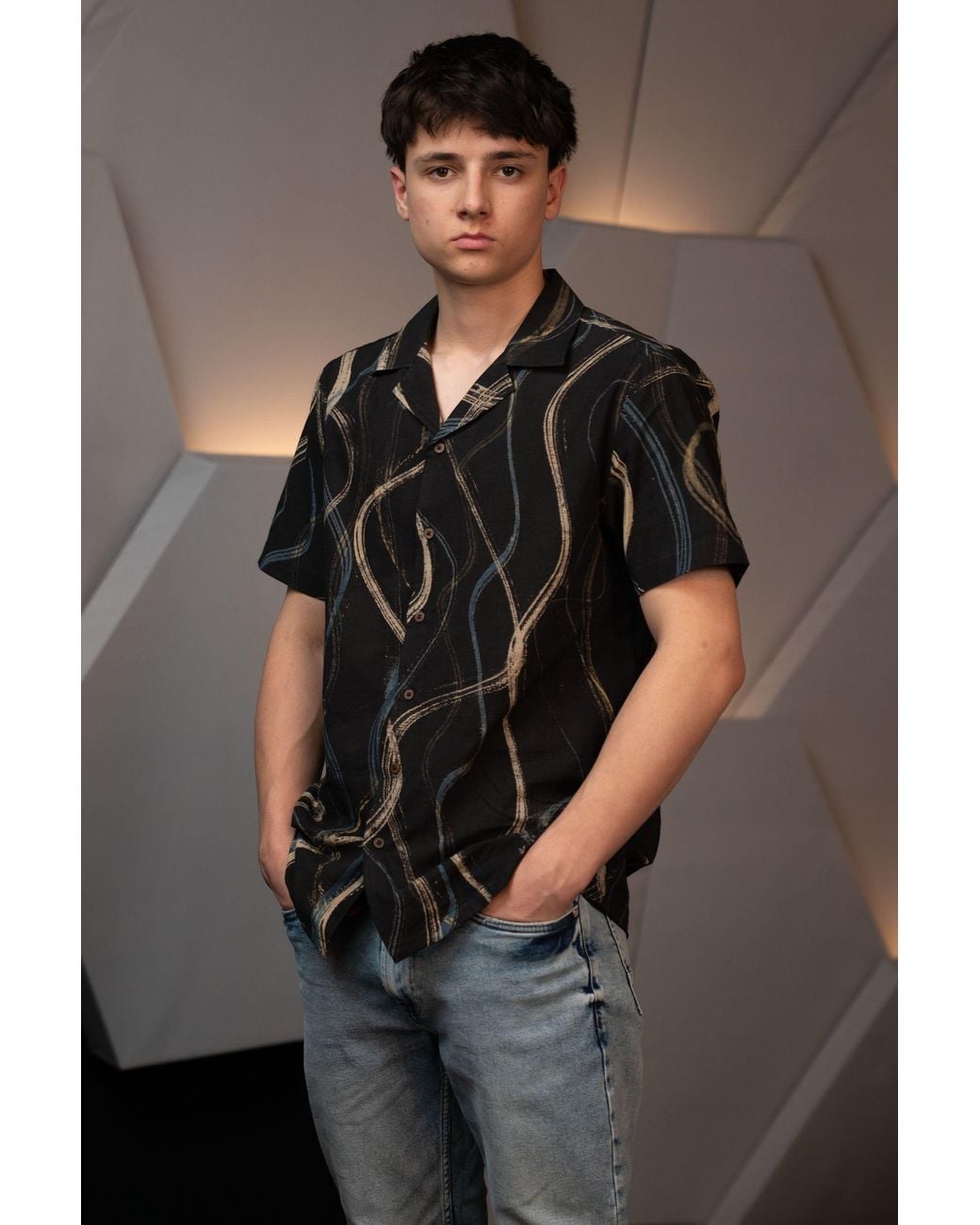 Stovaria Black Camp Collar Half Sleeve Organic Cotton Shirt With Abstract Brush Print for men