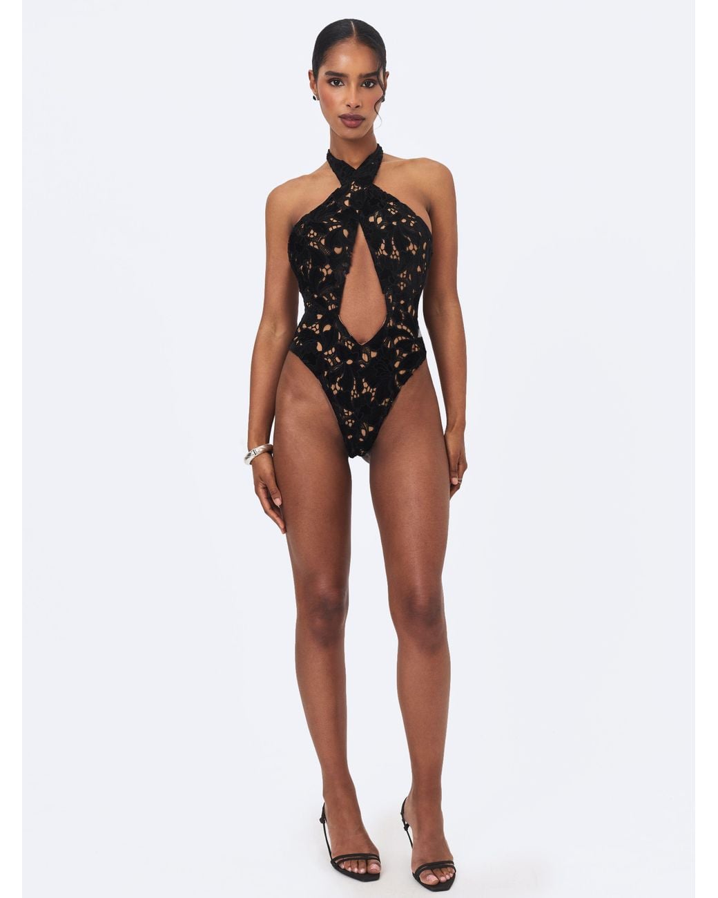 Miss Circle New York Black Breanna Velvet Lace Crossover Halter Swimsuit