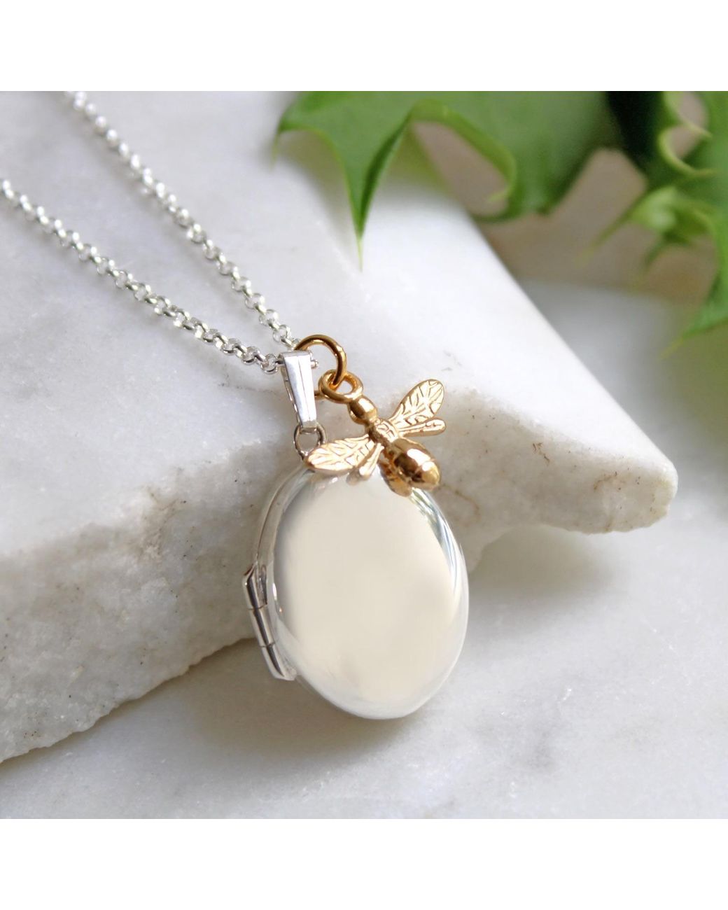 Lime Tree Design Metallic Oval Locket With Bee Necklace Sterling
