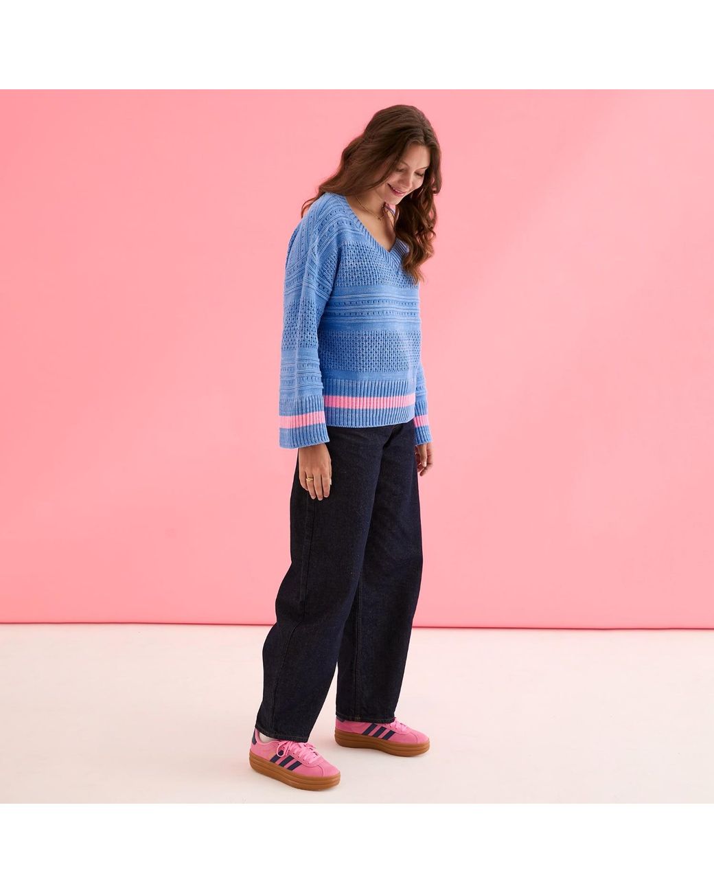 Cara & The Sky Blue Judith Pointelle Stitch V Neck Jumper