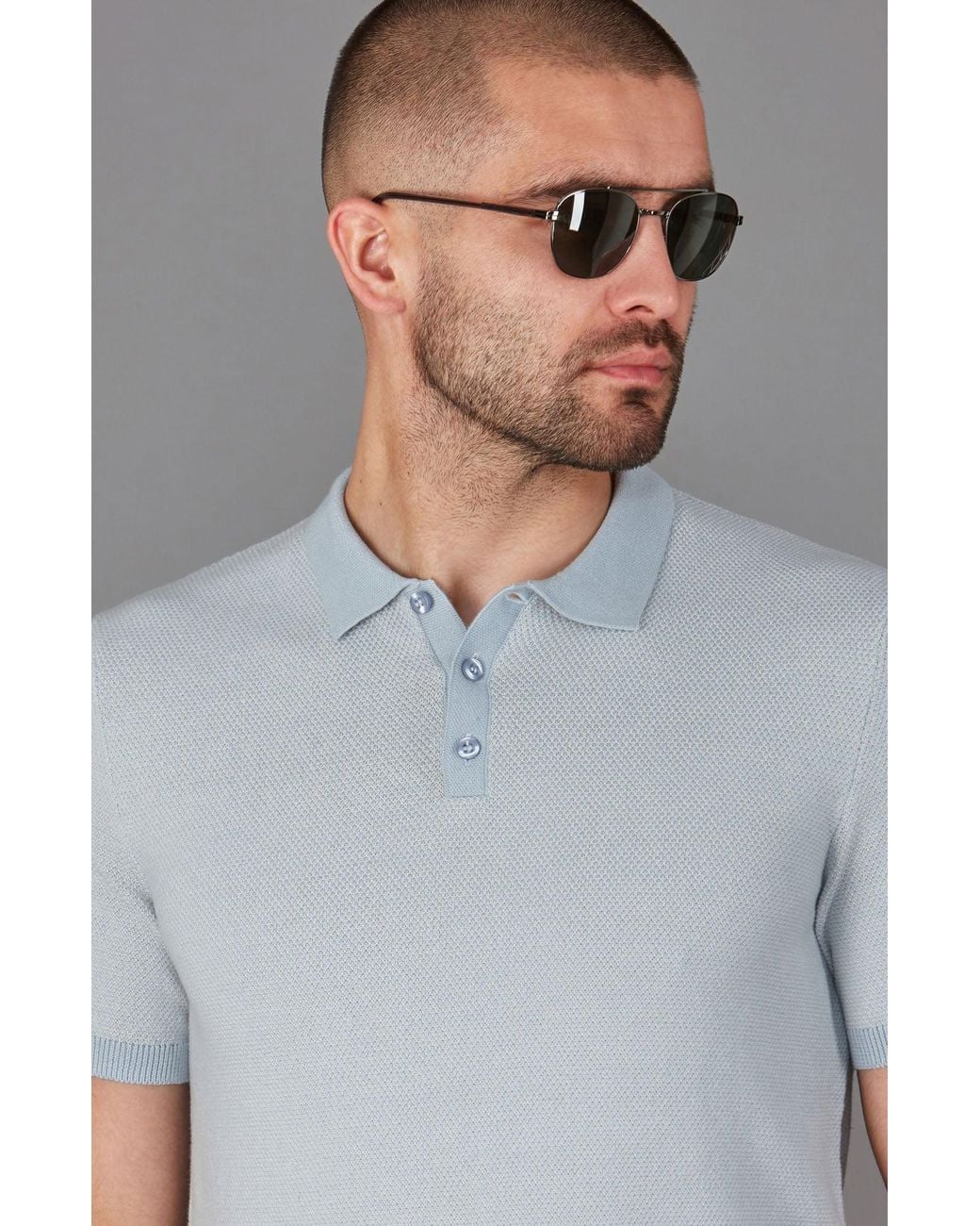 Paul James Knitwear Blue Lightweight Cotton Pietro Two Tone Textured Polo Shirt for men