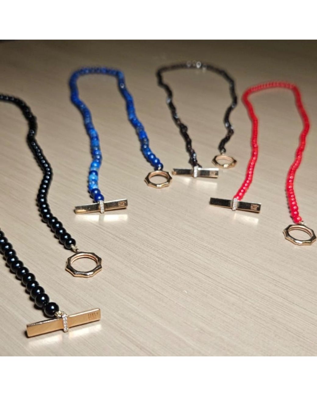 Ecce | Artisan Diamonds Red 14K Solid Colorful Pearl Bead Ecce Brand Bar Diamond Necklace
