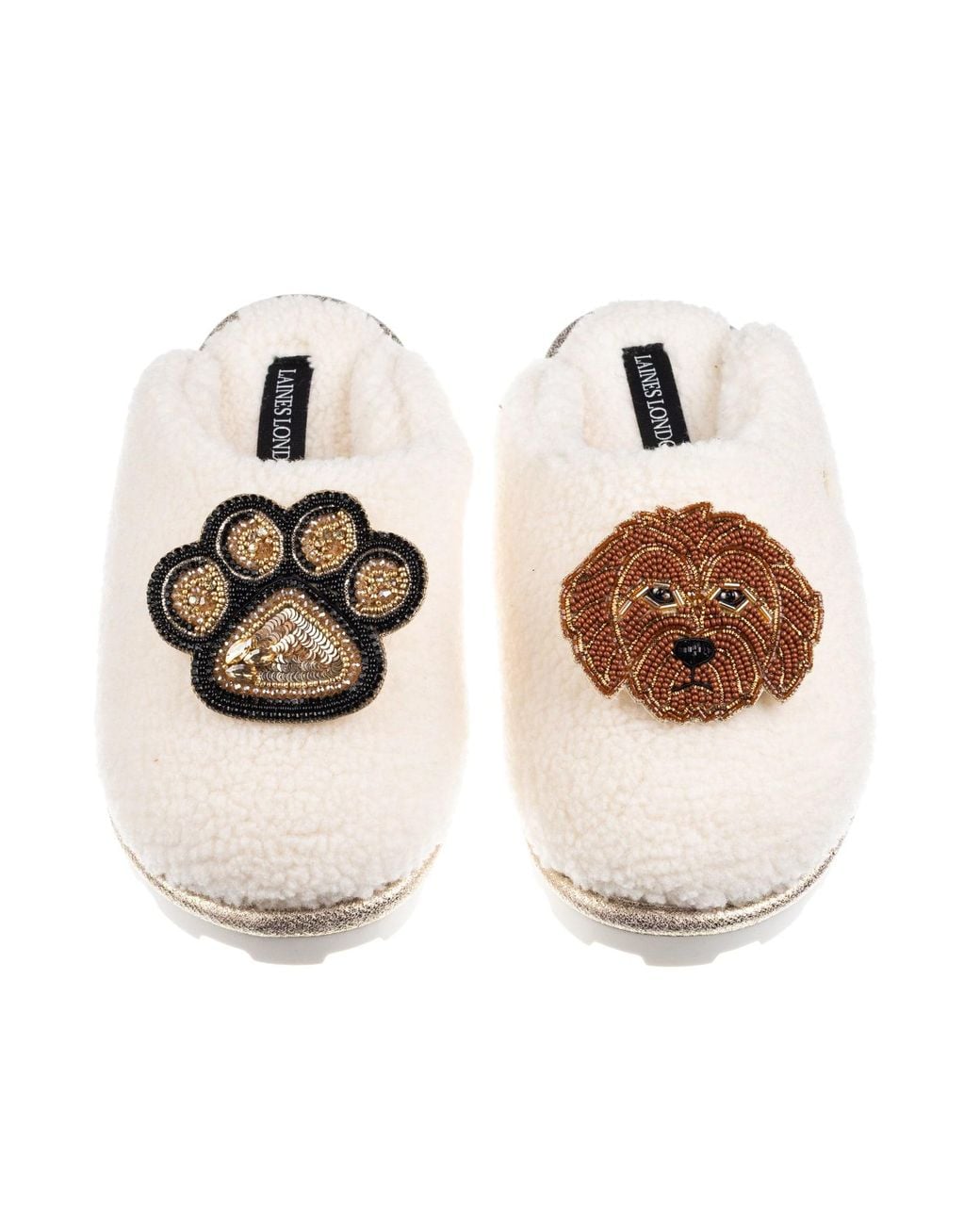 Laines London White Neutrals Teddy Closed Toe Slippers With Paw & Apricot Cockapoo Brooches