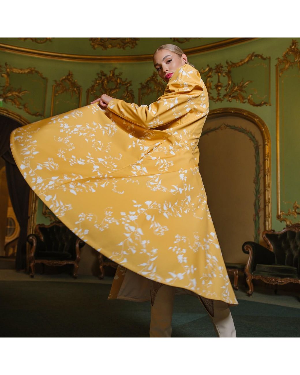 RainSisters Metallic Coat With Balloon-Styled Sleeves And Floral Print: Majestic