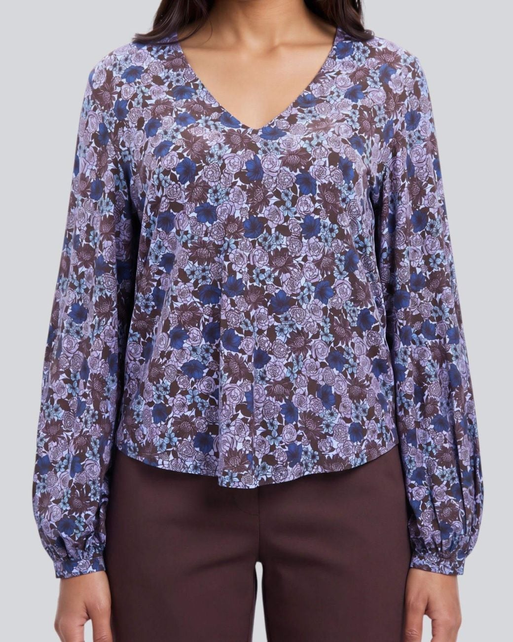 Lords of Harlech Blue Val Ternberg Floral Brownie Lyocell Stretch V-Neck Top