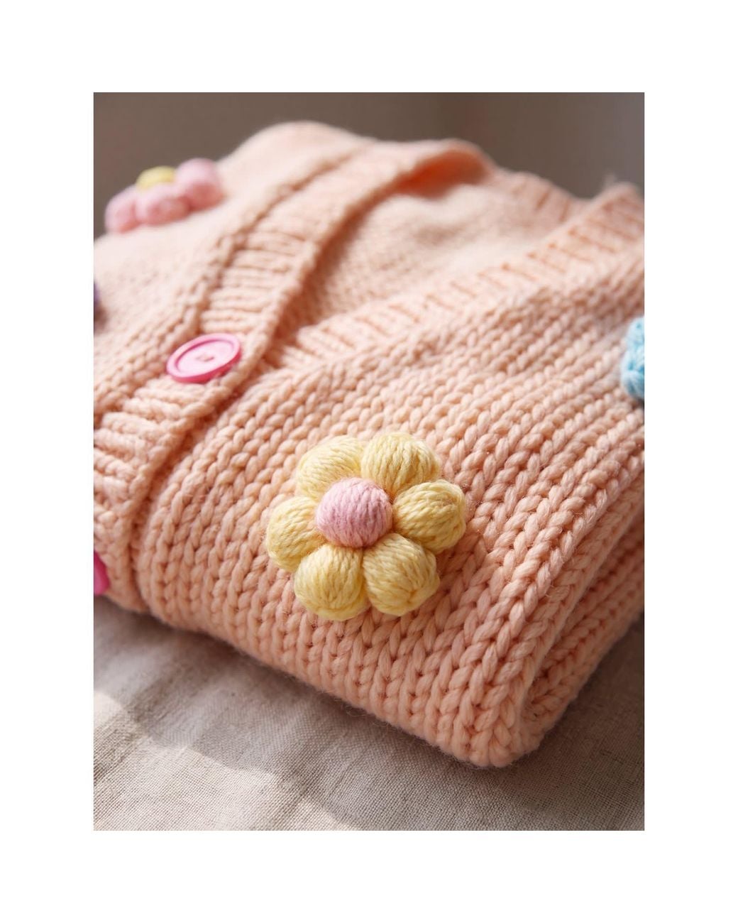 Ana Chic Pink Neutrals Puff Flower Handmade Knitted Cardigan