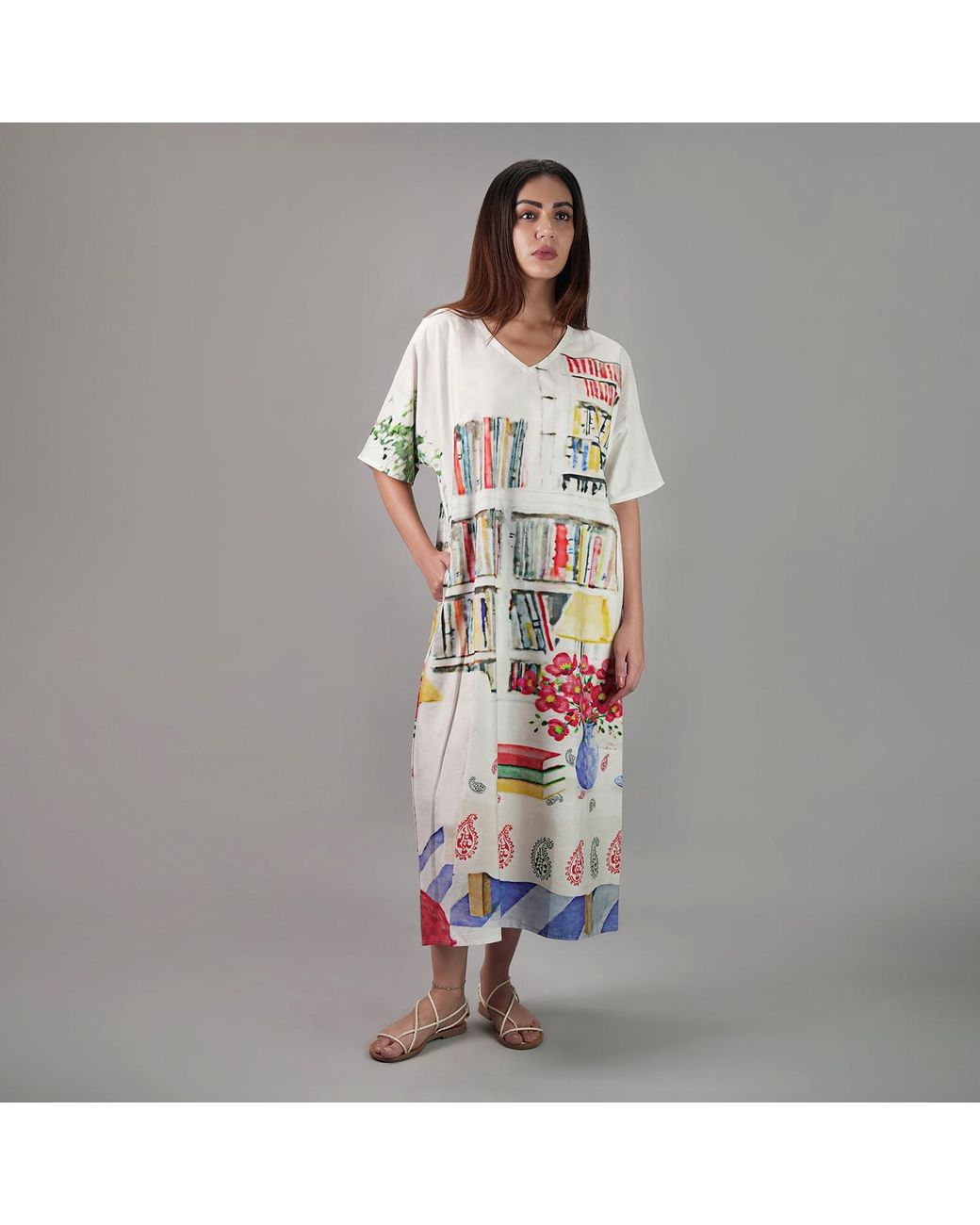 DHARA SHETH DUBAI White Abode Artistic Bookshelf Printed Kaftan Maxi Dress