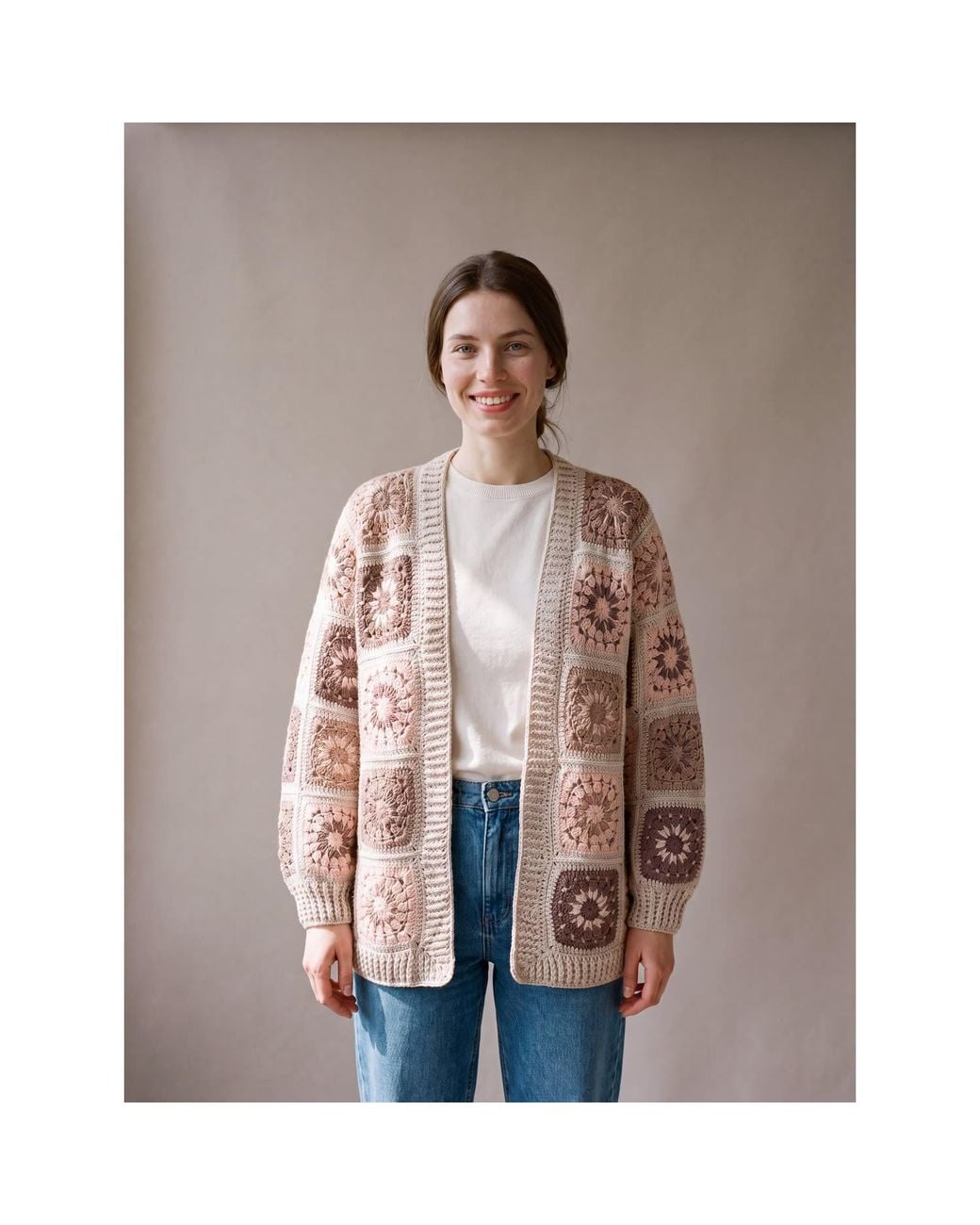 Ana Chic Brown Blush Granny Square Handmade Crochet Cardigan