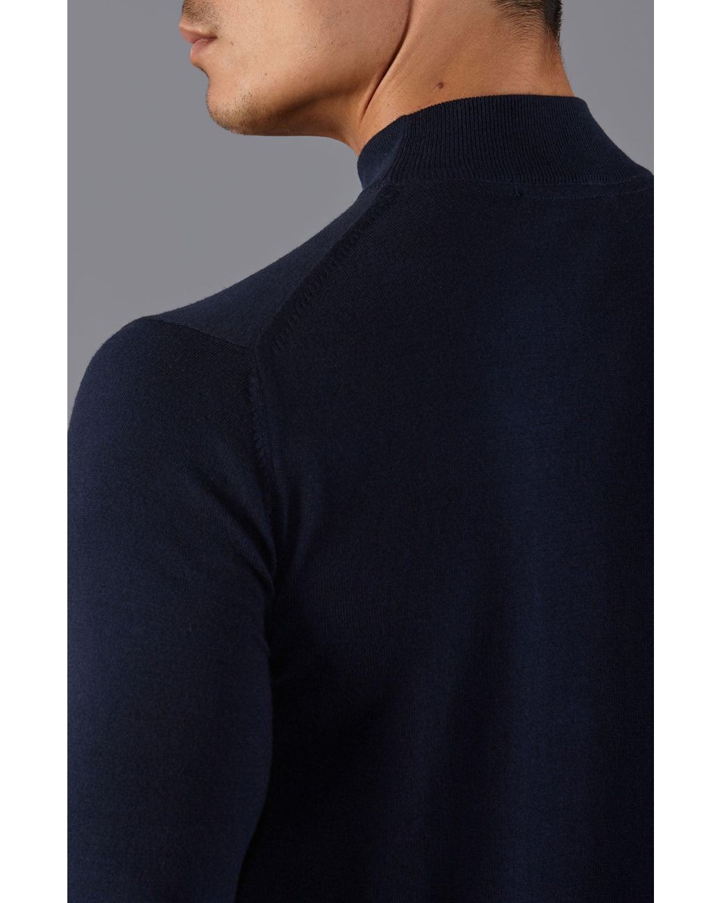 Paul James Knitwear Blue Ultra Fine Cotton Mock Turtle Neck Spencer Jumper for men