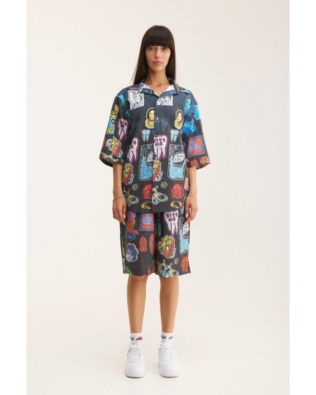 mysimplicated Blue Short Sleeve Shirt And Bermuda Set With Stickers Design