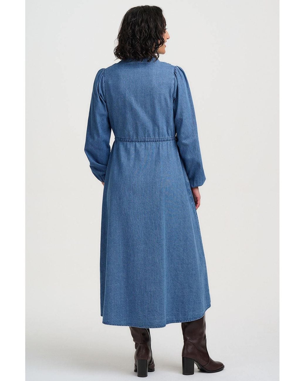 Sugarhill Blue Ivana Denim Midi Shirt Dress Floral Embroidery