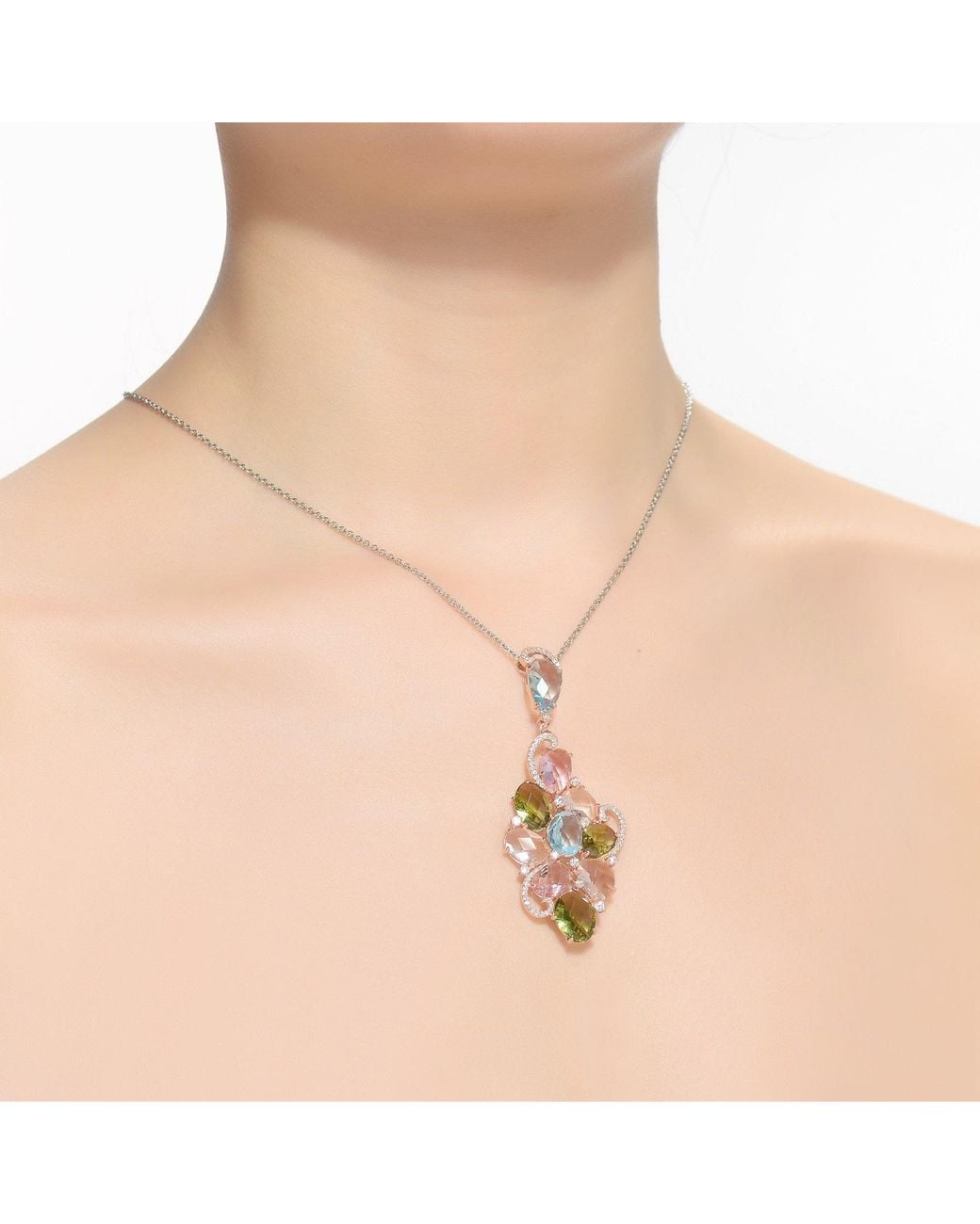 Genevive Jewelry Metallic Multicolored Cubic Zirconia Shaped Pendant Plated Sterling Necklace