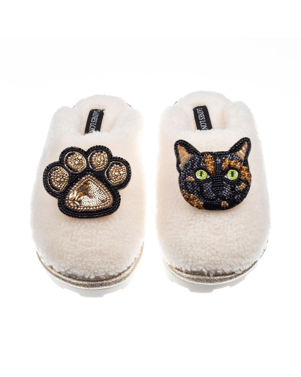 Laines London Metallic Teddy Closed Toe Slippers With Misty Cat & Paw Brooches