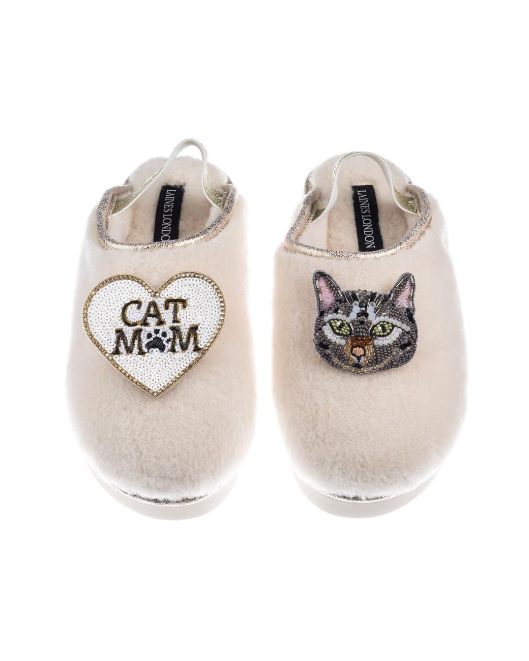 Laines London Multicolor Neutrals Flatform Cloud Slippers With Pebbles Cat & Cat Mum Mom Brooches