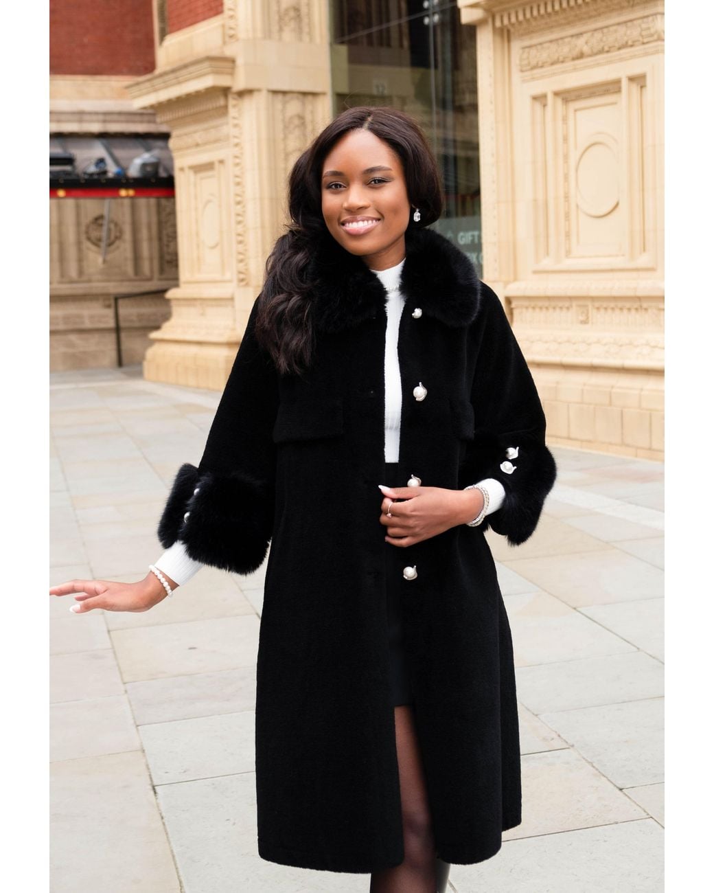 Santinni Black Hayworth Wool & Faux Fur Coat