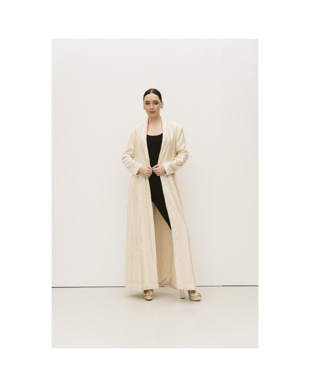 Roqaia Fashion House Natural Neutrals Moon Jacket — Off Long Glitter
