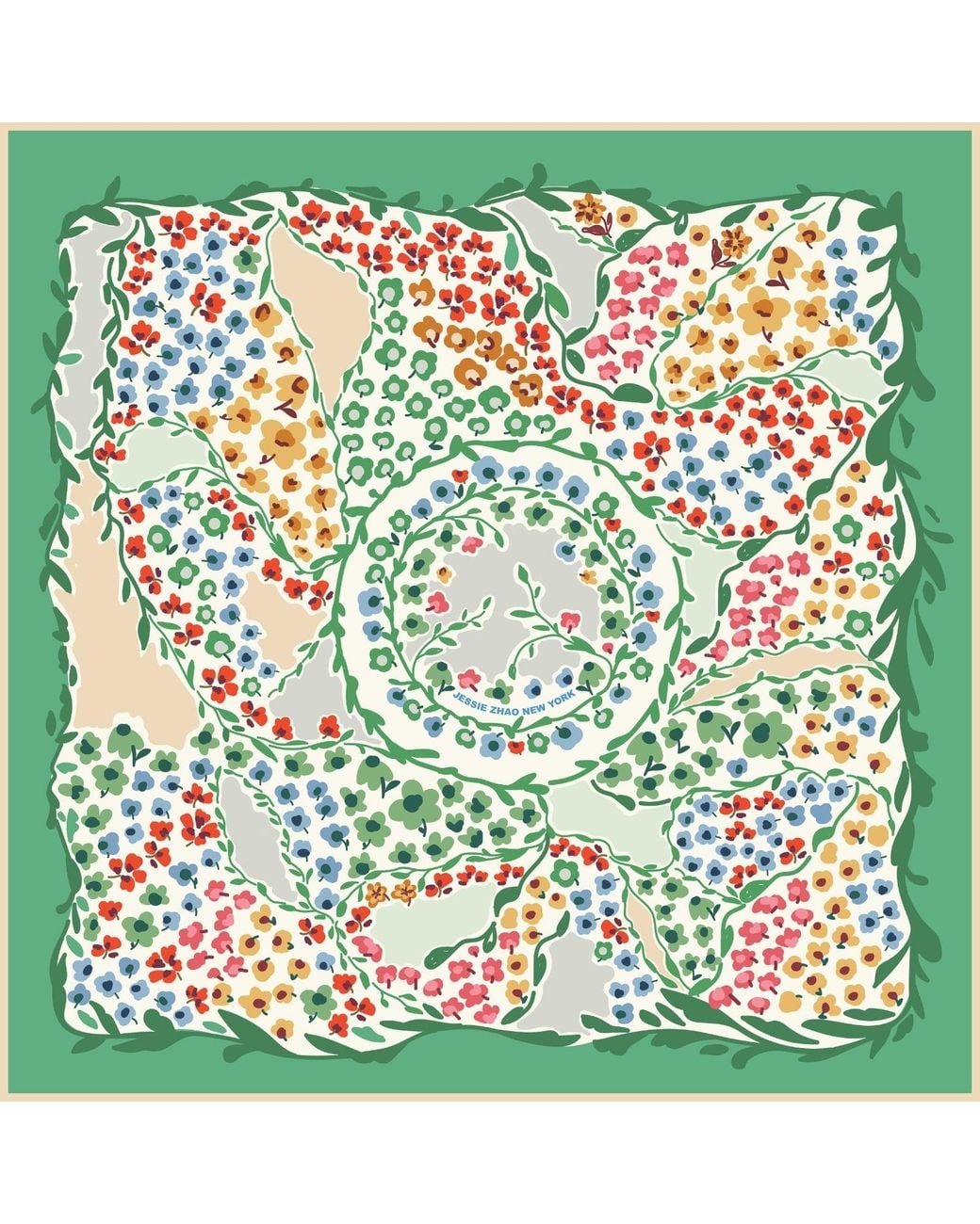 Jessie Zhao New York Green Double Sided Silk Scarf Of Garden