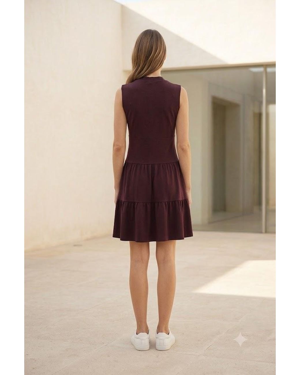 Conquista Purple Draped Bodice Tiered Mini Dress